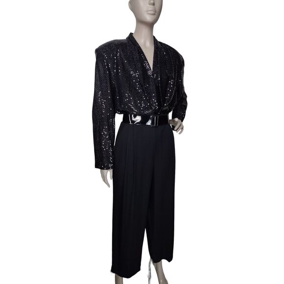 Vintage 80s Black High Shoulder Draped Deep V-Neck Sparkly Sequined Jumpsuit - Picture 4 of 10
